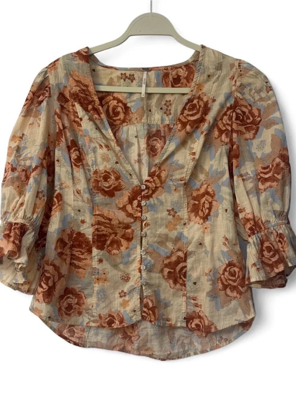 Free People Found You 100% Cotton Brown beige floral blouse ruffled sleeves Sz L